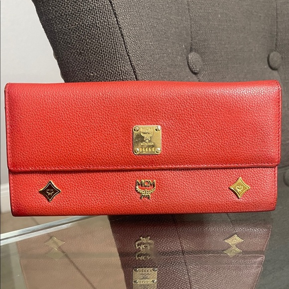 MCM Handbags - MCM Scarlet Leather Wallet with Gold Accents